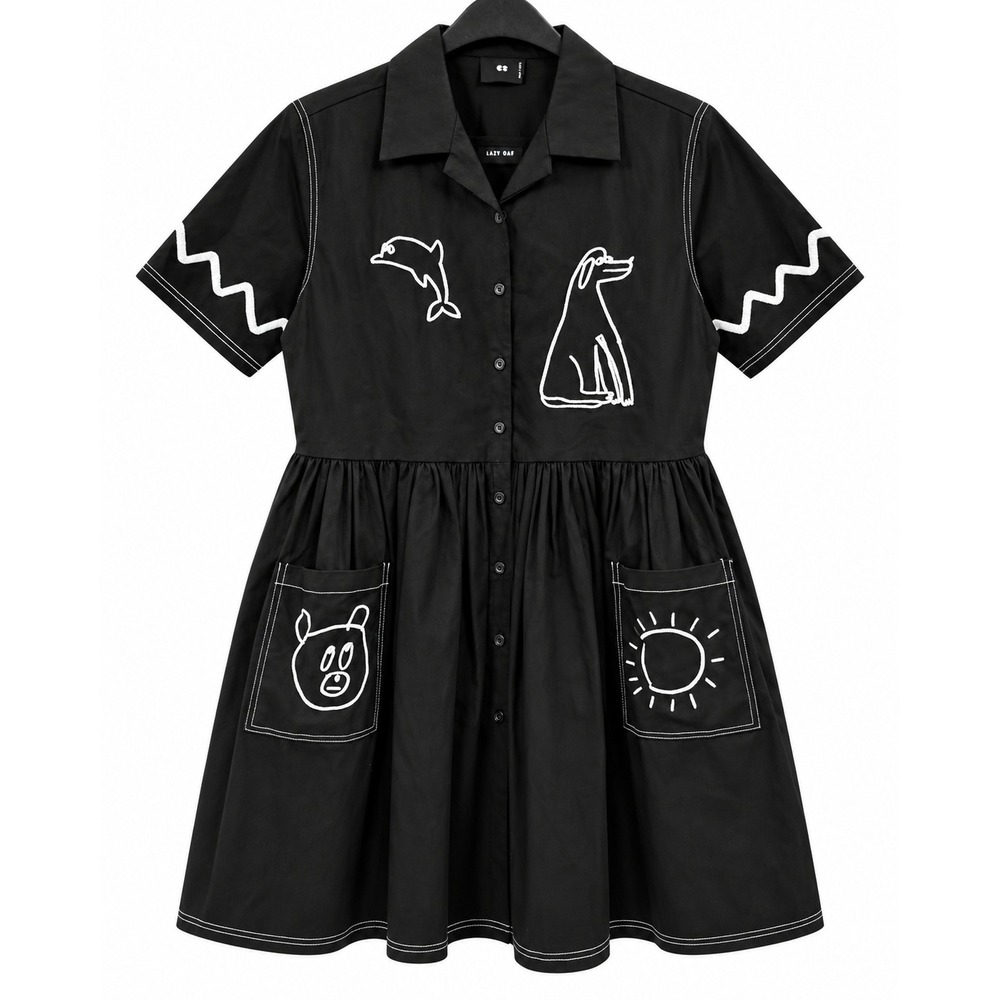 Lazy Oaf Feeling Fine Black Embroidered Smock Shirt Dress UK 6 US 2 NWT